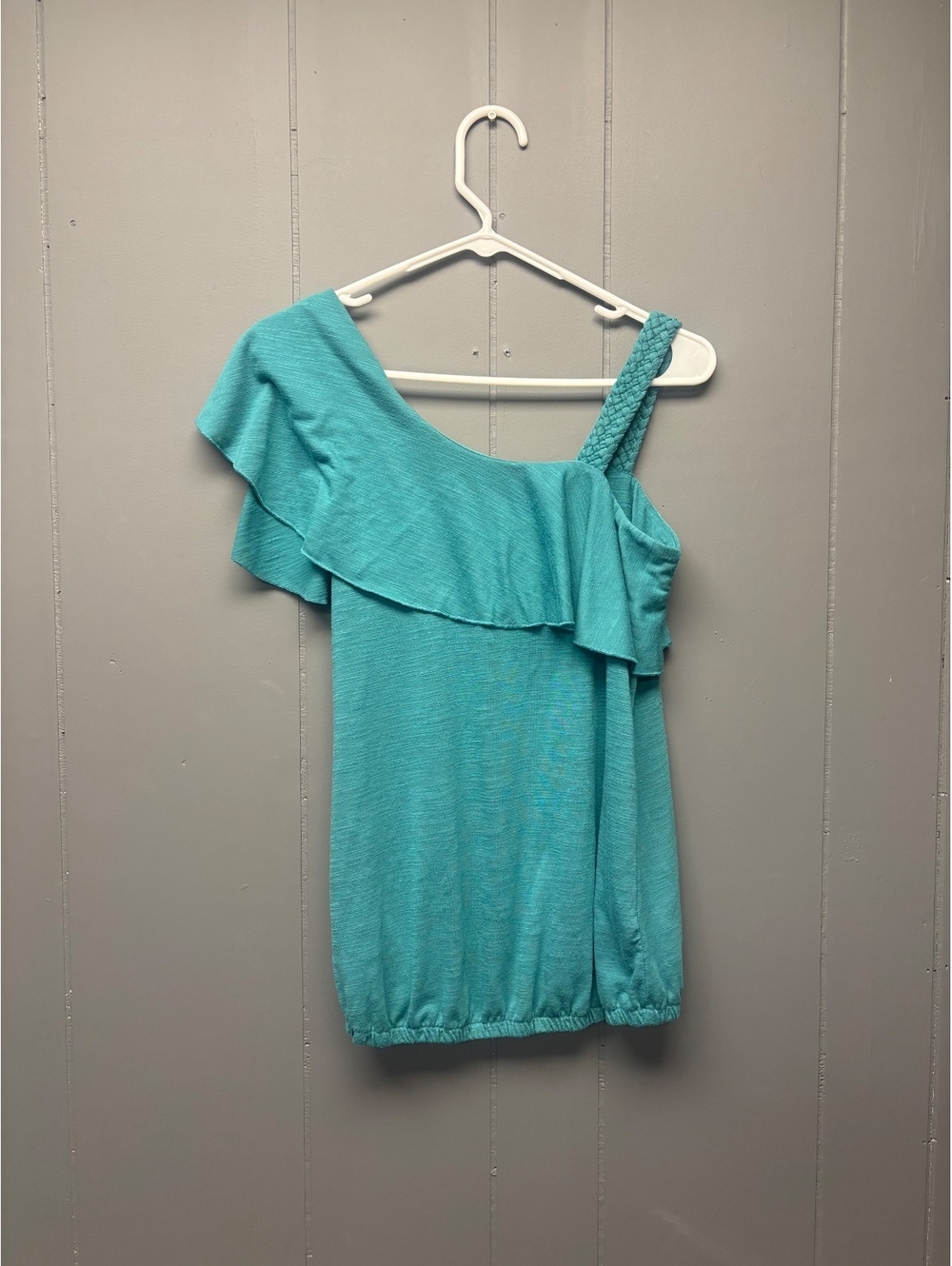 Vanity turquoise one shoulder ruffle blouse size M